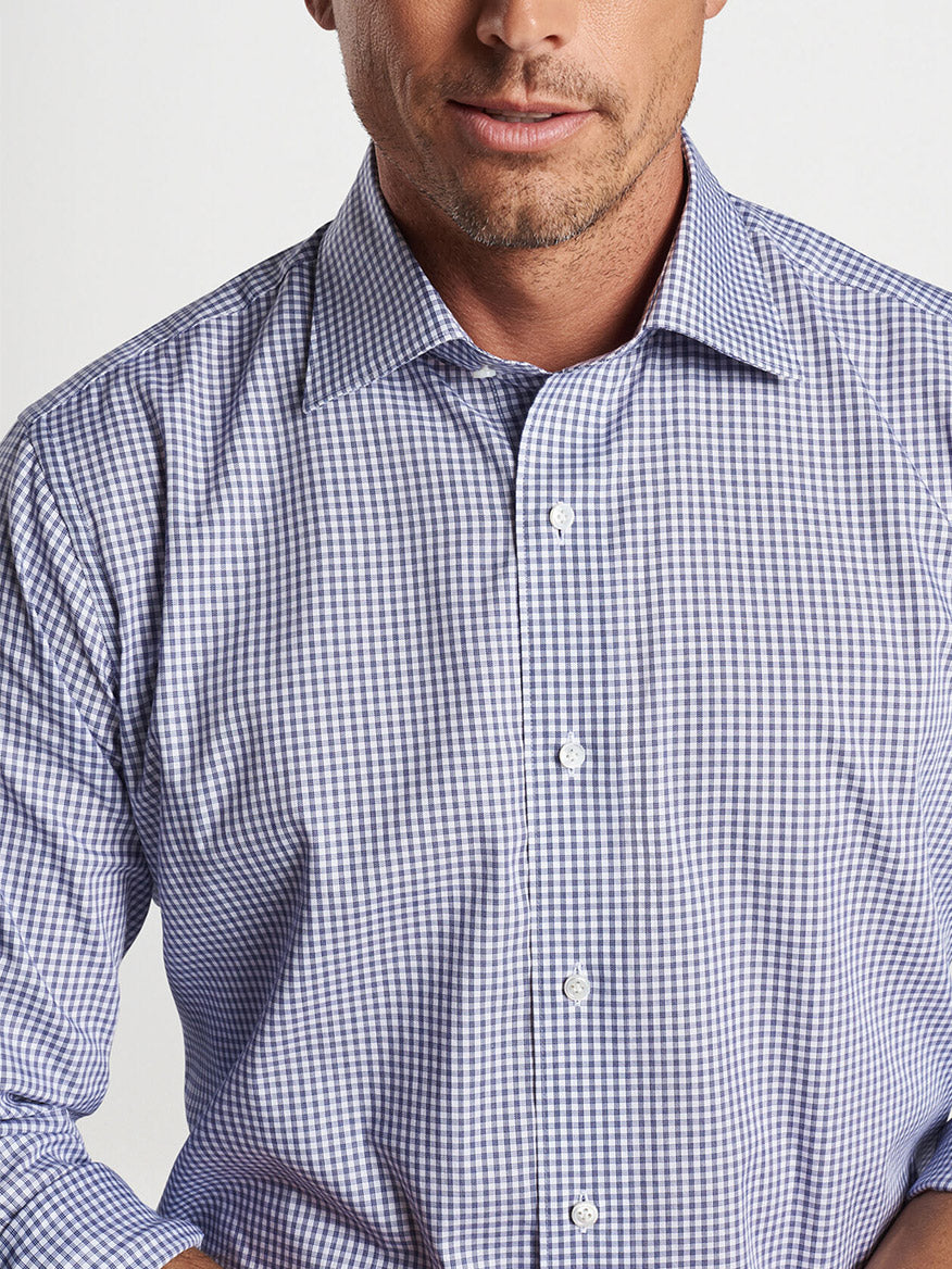 Man wearing a Peter Millar Renato Cotton Sport Shirt in Atlantic Blue, cropped at the neck; focus on the shirt and upper chest.