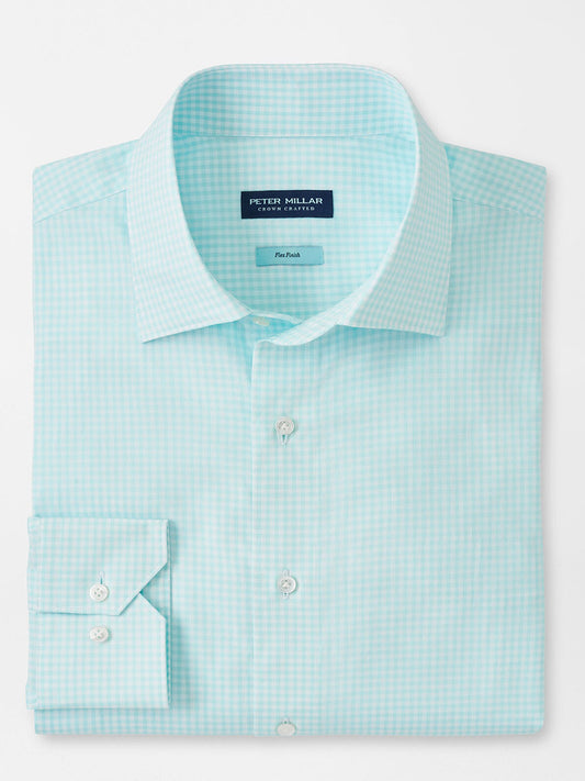 Light blue checkered cotton twill Peter Millar Renato Cotton Sport Shirt in Iced Aqua folded neatly on a white background.