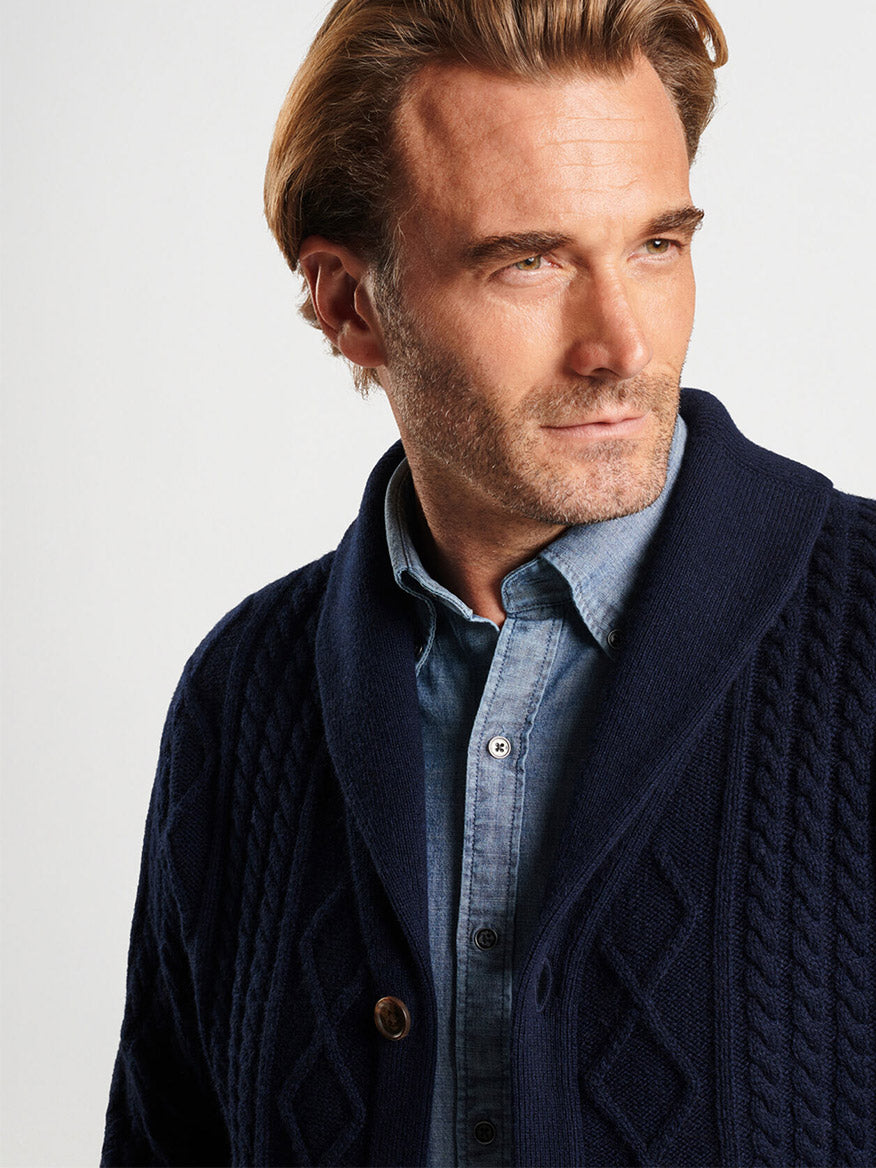 Peter Millar Fisherman's Cable Shawl Collar Cardigan in Navy