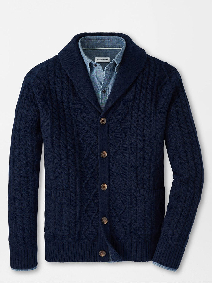 Peter Millar Fisherman's Cable Shawl Collar Cardigan in Navy