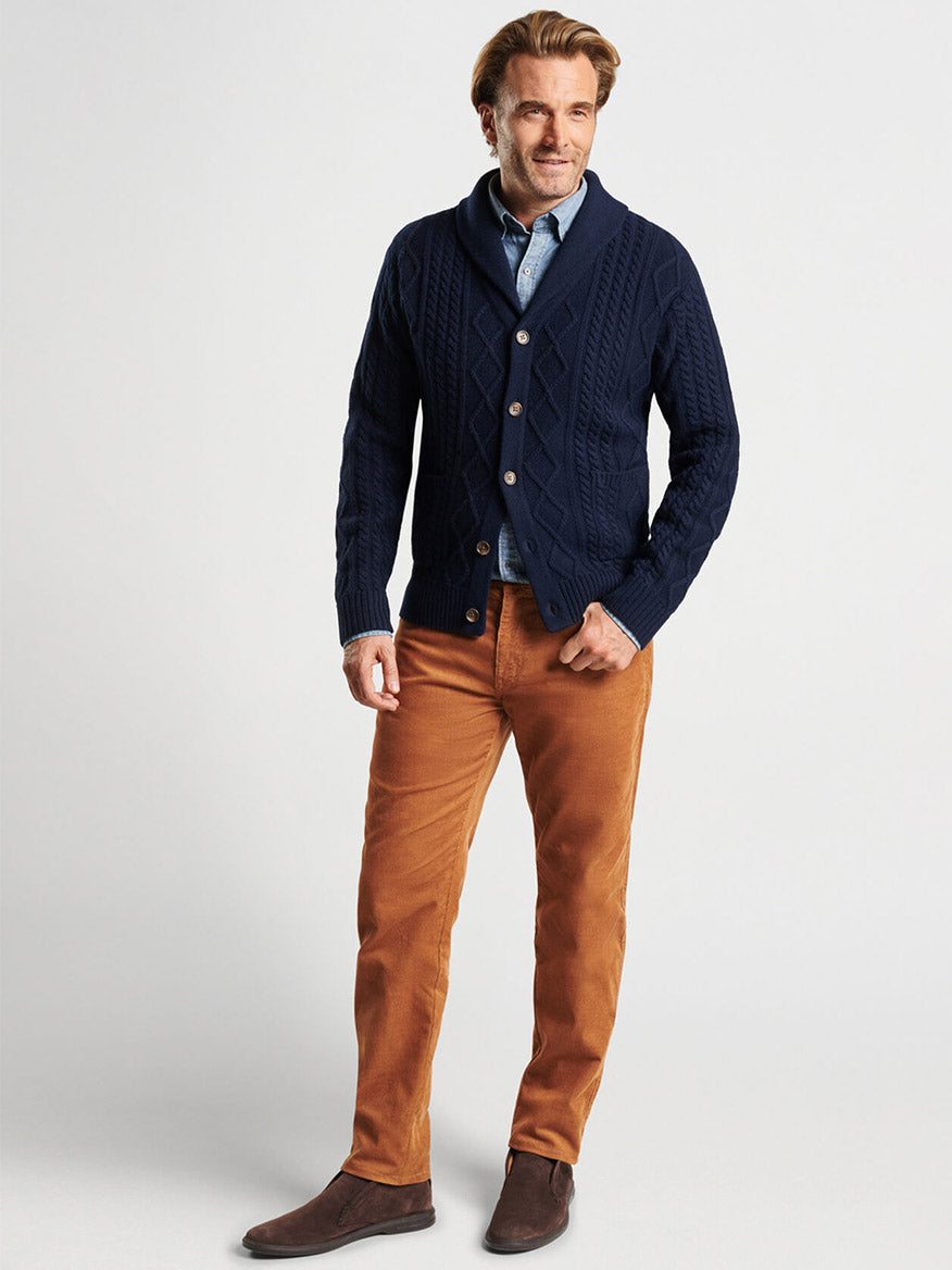 Peter Millar Fisherman's Cable Shawl Collar Cardigan in Navy