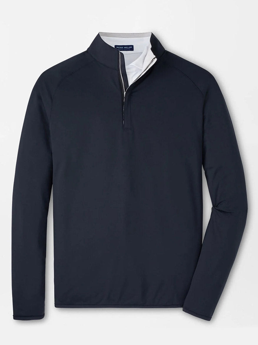 The Peter Millar Stealth Performance Quarter-Zip in black is a lightweight, long-sleeve pullover with four-way stretch and a quarter-zip design, shown flat against a light background.
