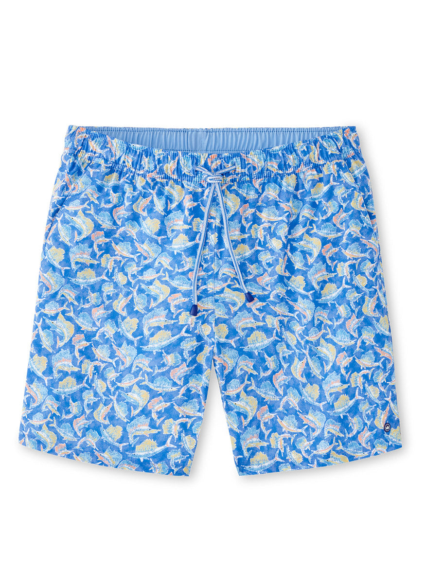 The Peter Millar Tackle The Day Swim Trunk in Marina Blue boasts a vibrant fish print and drawstring waist, made from quick-drying fabric for comfort and style by the water.