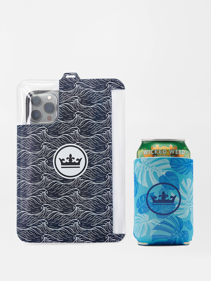 Smartphone with a blue wave-patterned case next to a can of wicked weed beer, both featuring exclusive prints reminiscent of Peter Millar Tequila Sunrise Swim Trunk in Infinity.