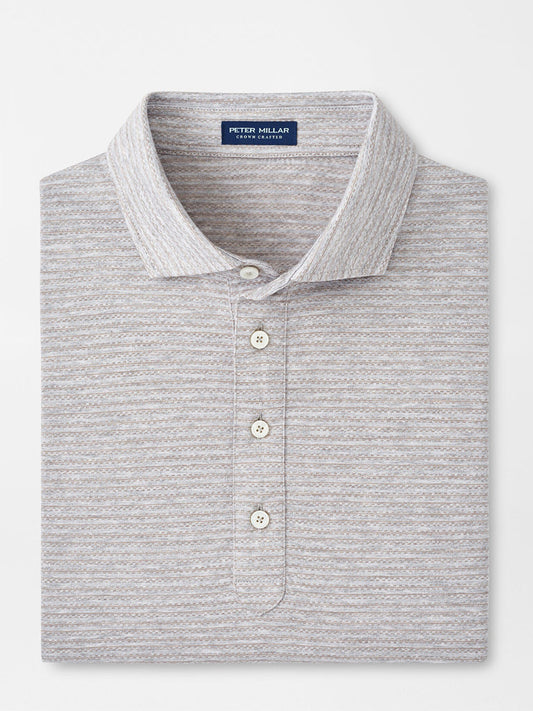 Folded Peter Millar Tidewater Stripe Polo in British Grey on a white background.