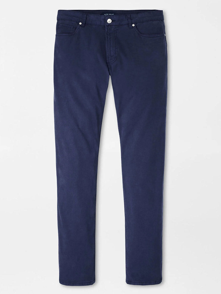 The Peter Millar Wayfare Five-Pocket Pant in Navy, featuring a straight-leg silhouette and classic five-pocket style, is shown laid flat on a white background.