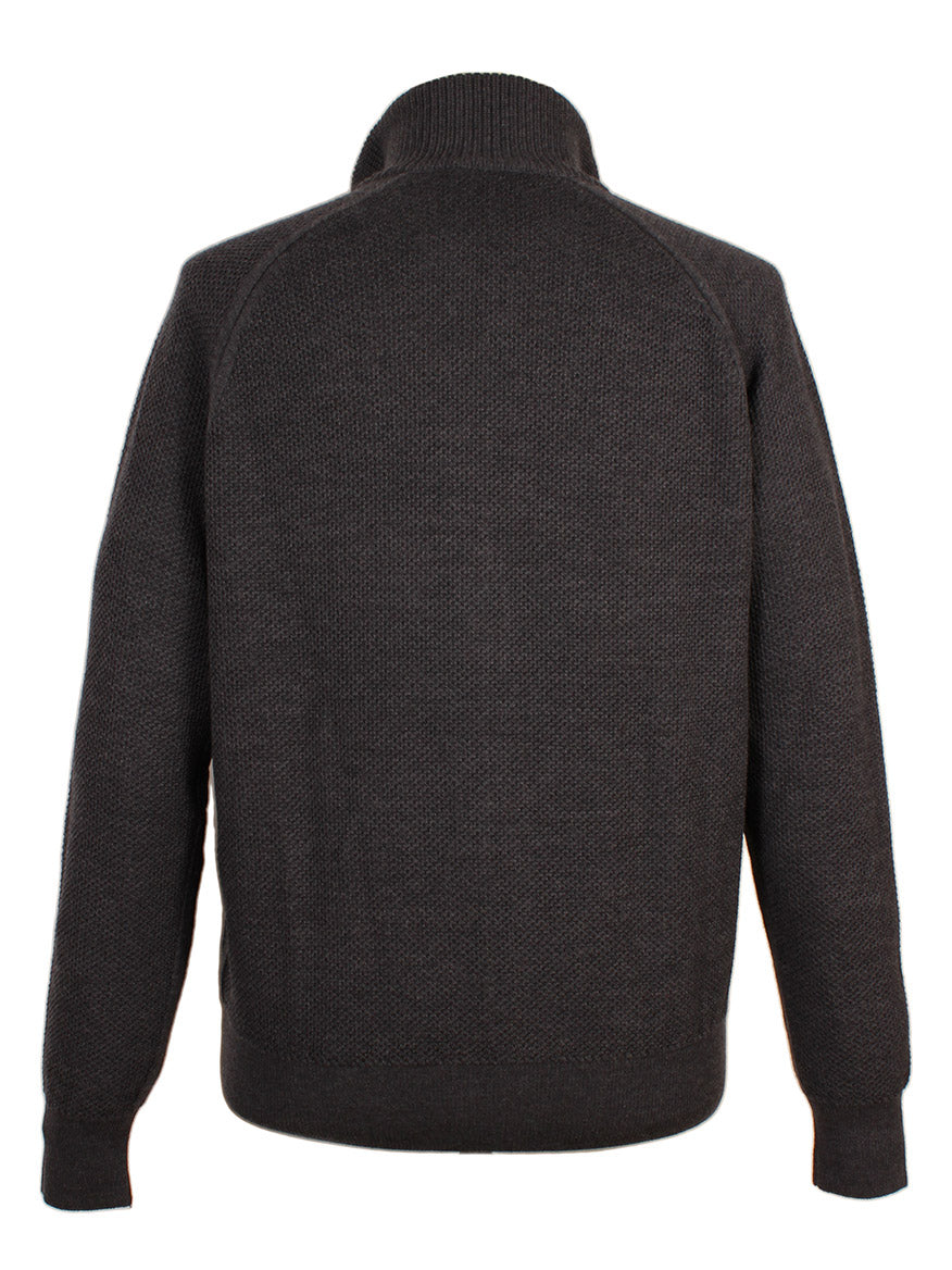 The Piacenza 1733 Birdseye Zip Bomber in Charcoal is shown from the back, highlighting its long sleeves, raglan construction, and ribbed collar, cuffs, and hem.