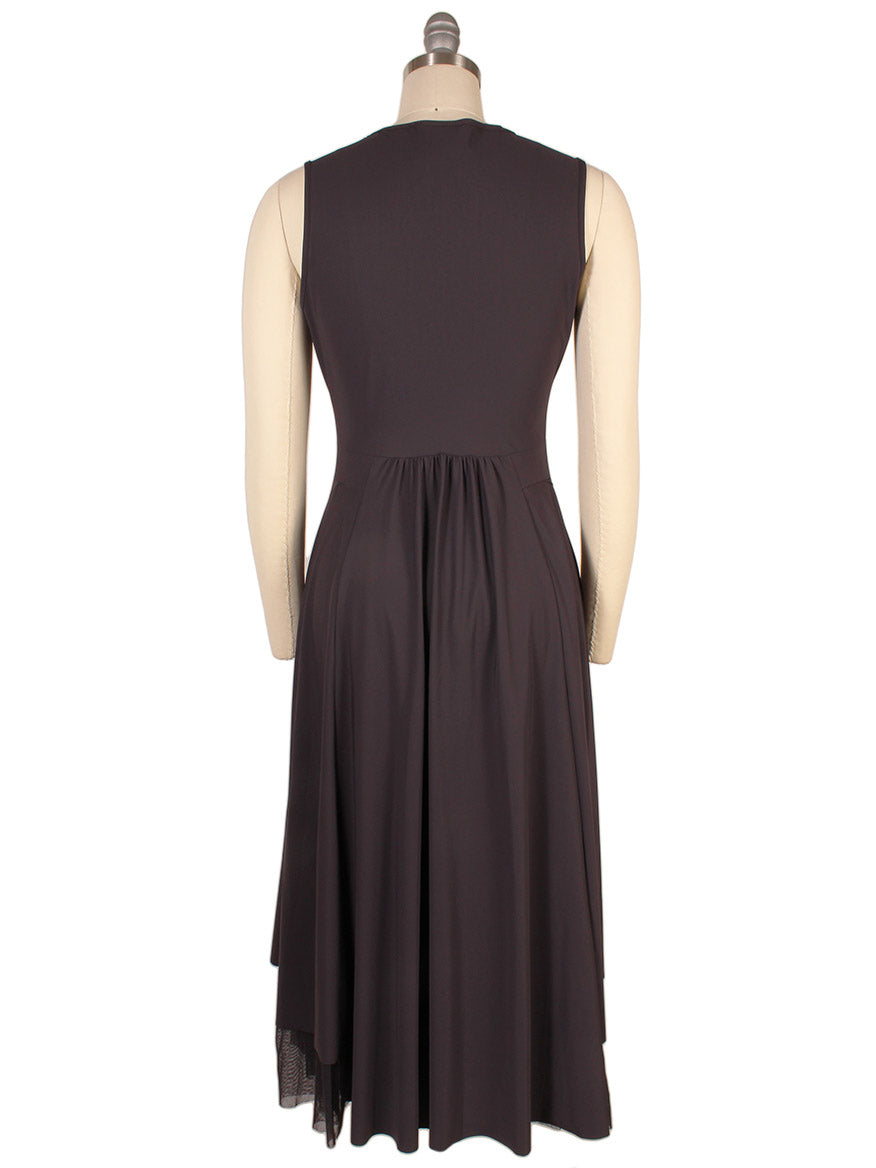 A sleeveless Porto Lydia Dress in Mulberry is displayed on a mannequin from the back. The fitted bodice flows into a gathered, slightly flared skirt with a mesh ruffle hem. This elegant style is made in Italy.