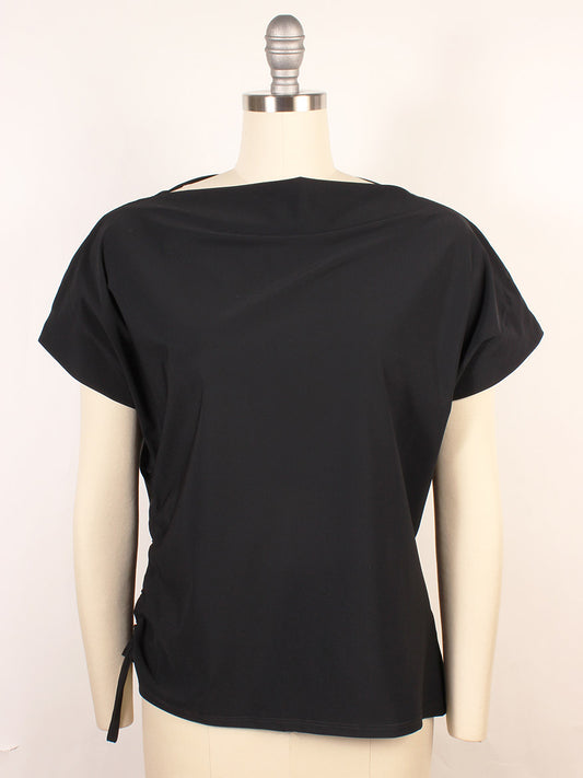 The Porto Mondrian Ruched Sleeveless Top in Black is shown on a dress form against a plain background.