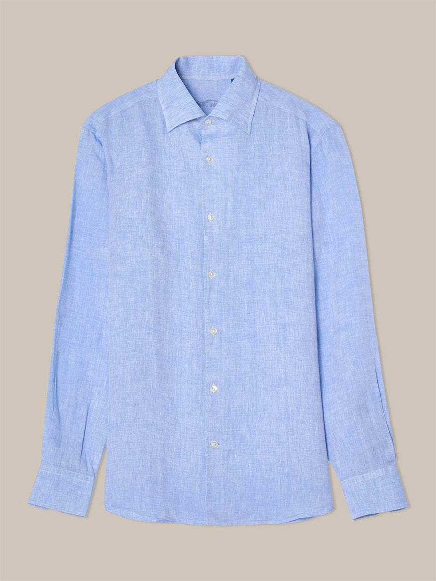 The Robert Talbott Morgan Linen Shirt in Blue features long sleeves, a button-up front, and a California One-Piece Collar, shown on a plain beige background.