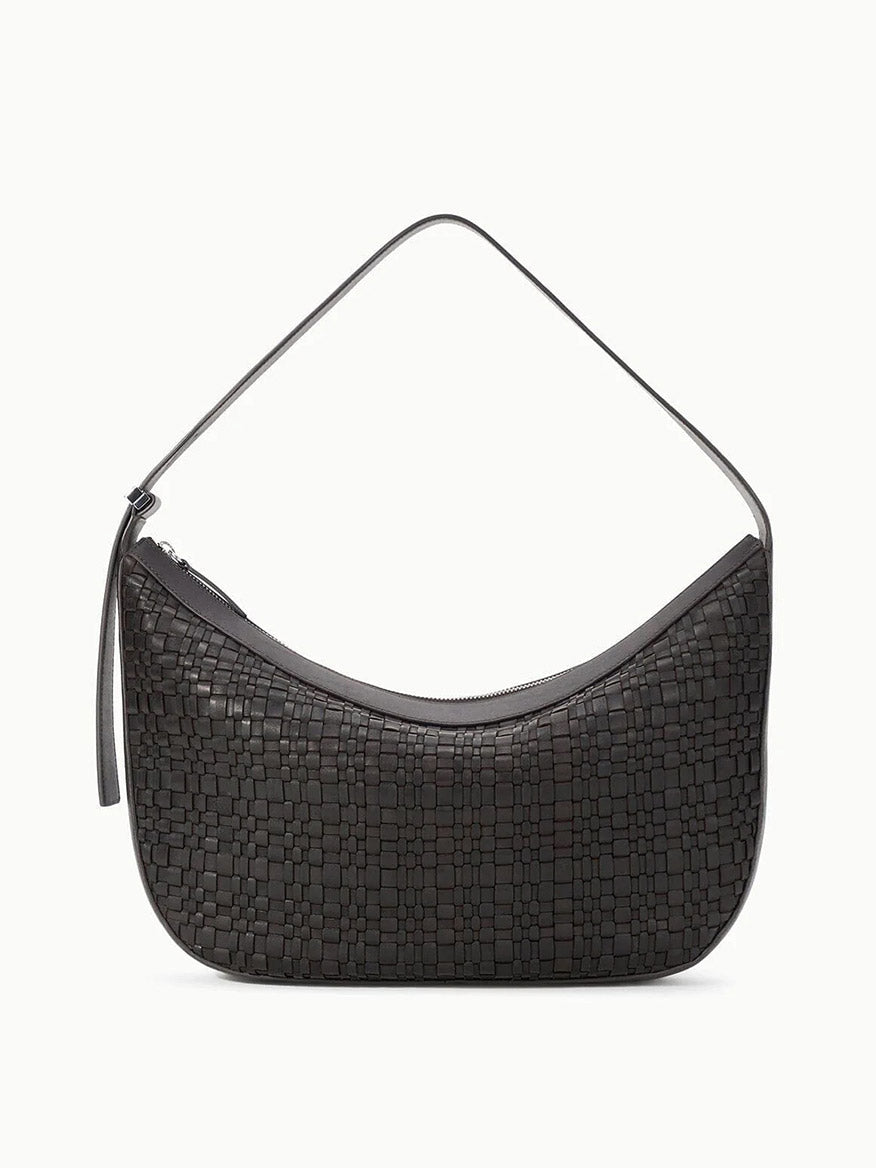 The STAUD Large Demy Shoulder Bag in Espresso features black woven leather, a single adjustable shoulder strap, and a zippered top closure, shown against a plain white background.