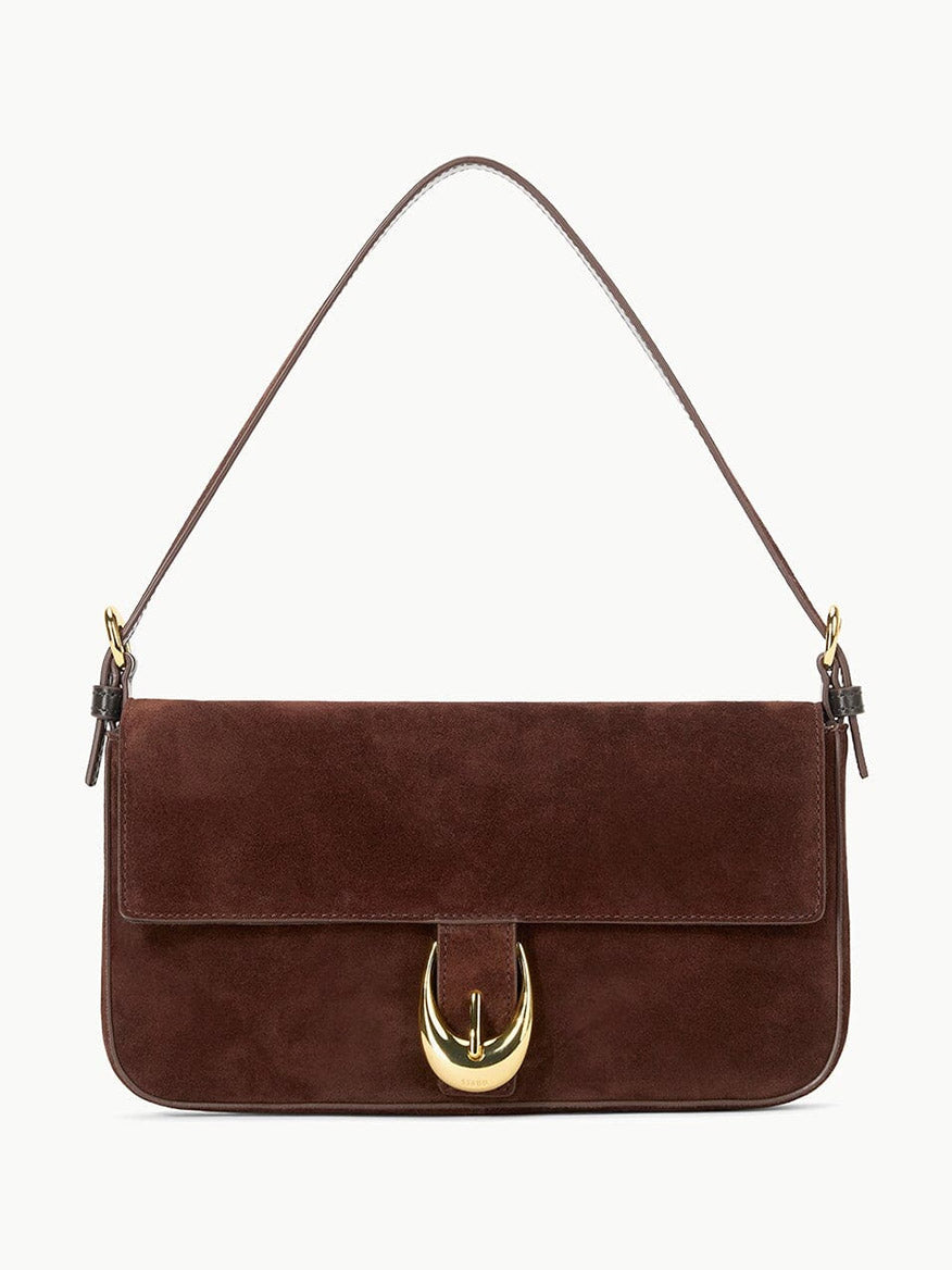 STAUD Harlow Bag in Mahogany Suede—a rectangular shoulder bag with flap closure, gold moon buckle, and slim handle.