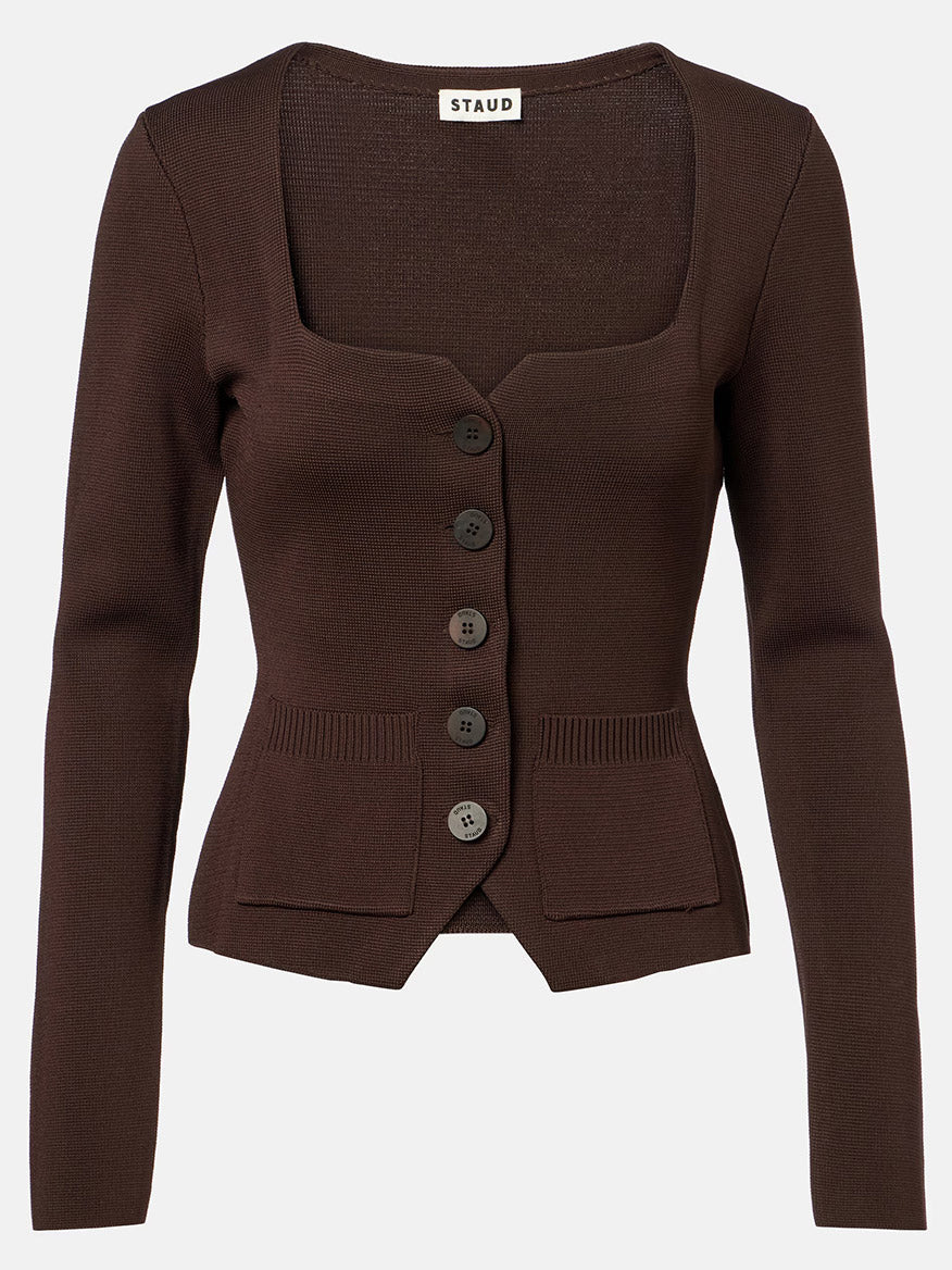 The STAUD Rachela Sweater in Earth is a brown, long-sleeve knit cardigan featuring a notched square neck, button-up front, two pockets, and a cutaway hem, shown against a plain background.