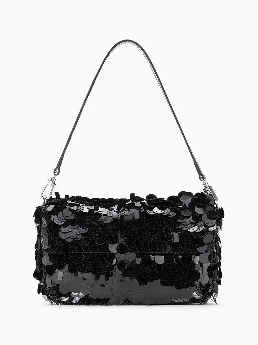 The STAUD Timmy Shoulder Bag in Black features a rectangular shape, single strap, and is covered with large shiny sequins. Displayed against a plain white background.
