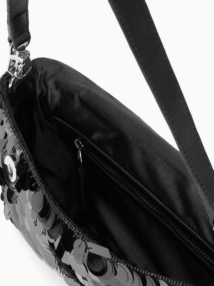 The STAUD Timmy Shoulder Bag in Black features sequins, an open top, zippered interior pocket, fabric lining, and a detachable strap.