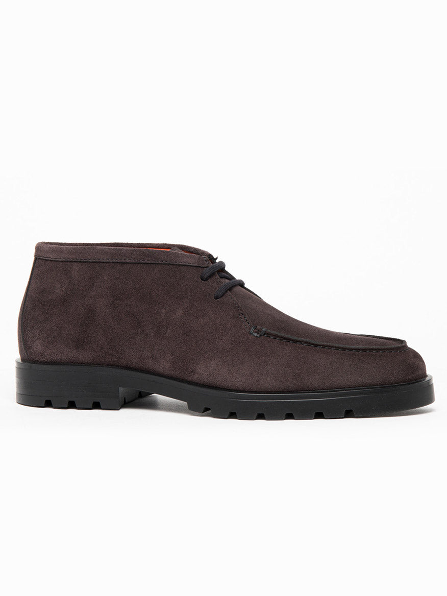 The Santoni Desert Lace Up Boot in Grey Suede is an Italian-made chukka boot with a black rubber lug sole, shown from the side on a white background.