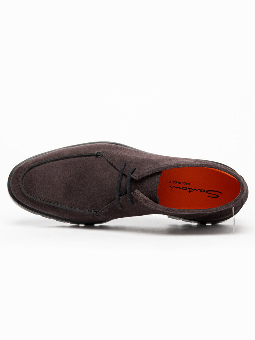 A single Santoni Desert Lace Up Boot in grey suede, photographed from above, features black laces and a red insole branded with "Santoni Made in Italy.