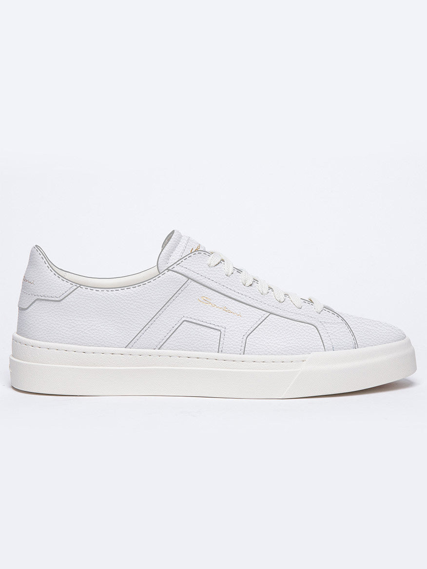 Santoni Double Buckle Sneaker in White with lace-up front and a low-top design, crafted from premium-quality leather, displayed against a plain light background.