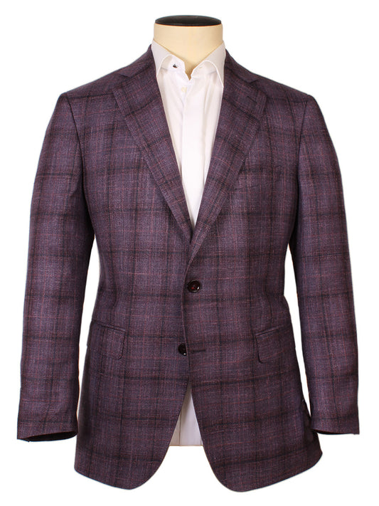 The Scabal Taormina Dark Aubergine Check Sport Jacket features a purple plaid, notched lapel, two buttons, and flap pockets, showcased on a mannequin with a white dress shirt.