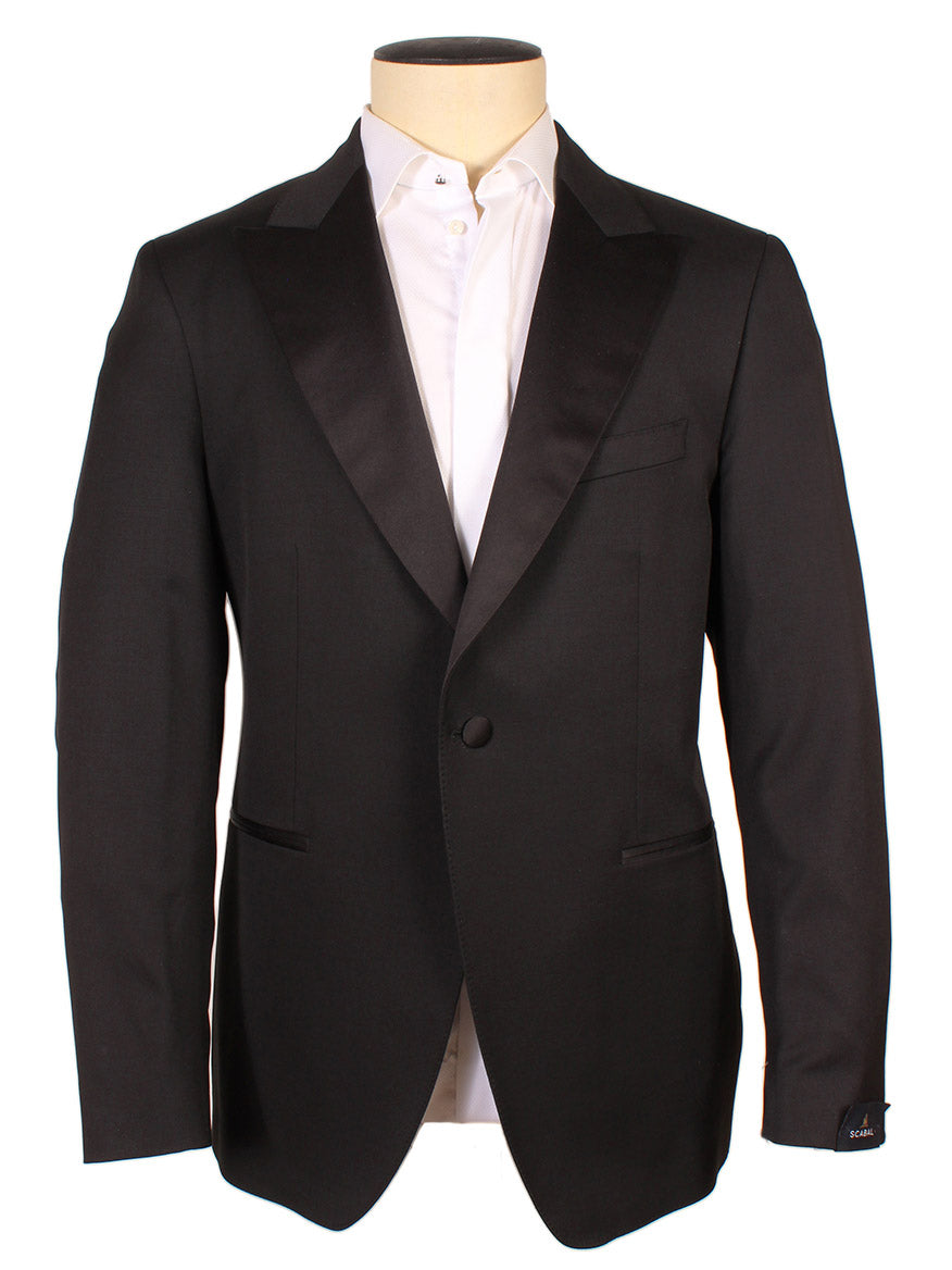 A Scabal Black Satin Trim Super 100s Tuxedo jacket on a mannequin with a white shirt, crafted from Scabal Super 100s fabric.