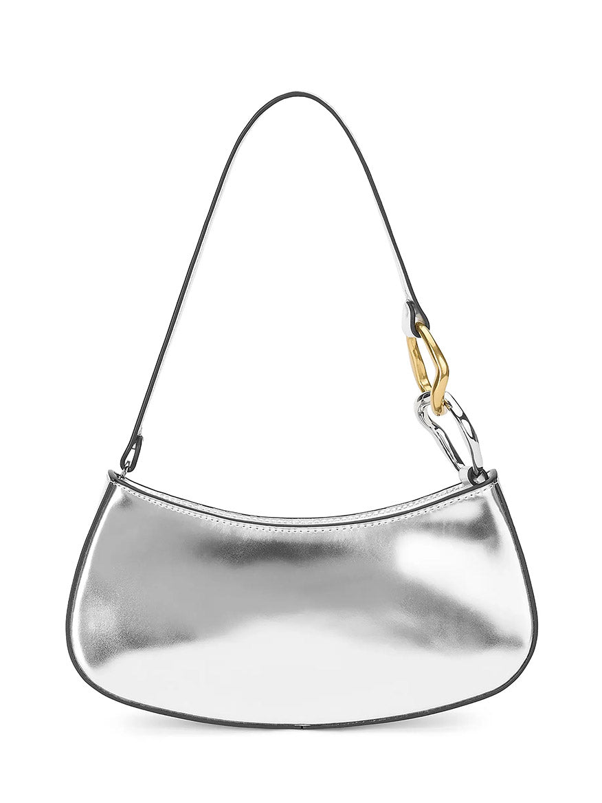 The STAUD Ollie Bag in Chrome is a chic silver metallic leather mini shoulder bag featuring a single strap and gold-and-silver two-tone hardware—perfect for elevating any look.