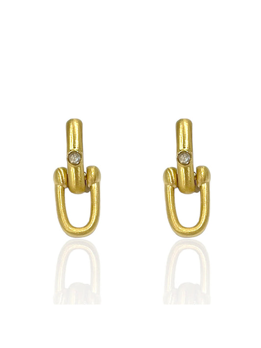 Tat2 Designs Brioni Horseshoe Earrings in Gold: 14K gold plated drop earrings with a labradorite cabochon top and dangling oval link. Features secure Tat2 earring backs for comfort. Shown on a white background.