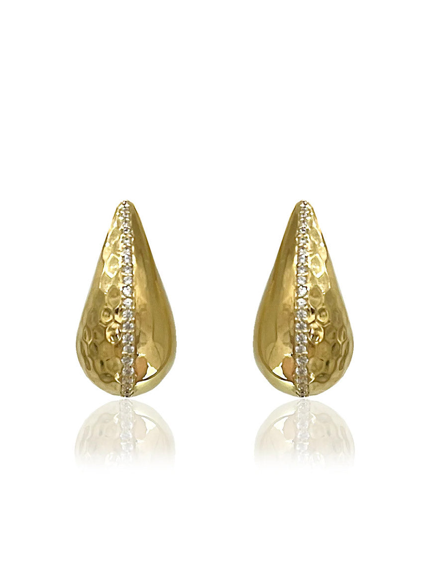 The Tat2 Designs Gia Teardrop Earrings in Gold feature unique metal textures and a central vertical row of pavé cubic zirconia.