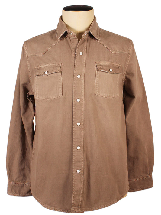 A Teleria Zed Roper Western Snap Shirt in Tortora displayed on a mannequin, featuring pearlized snaps, buttoned chest pockets, and a pointed collar.