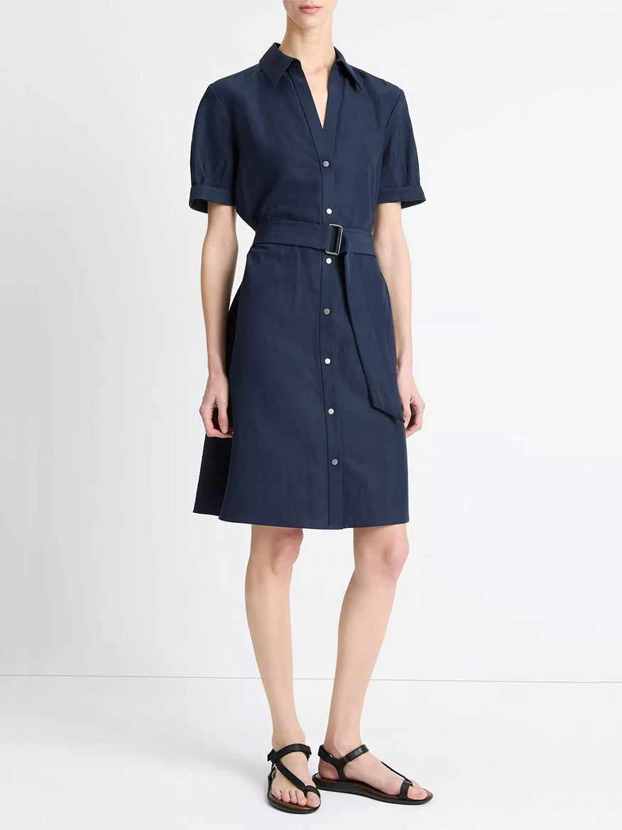 Vince Cuffed-Sleeve Belted Shirt Dress in Coastal