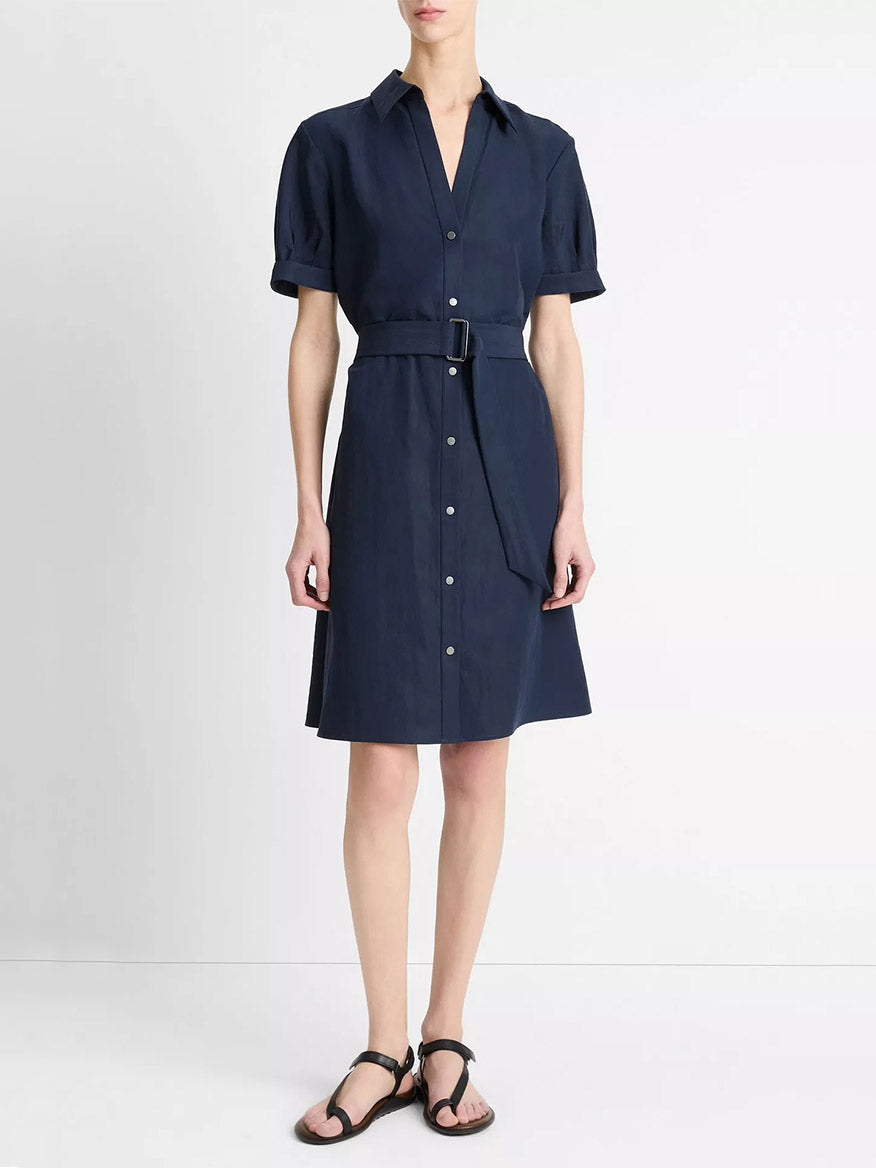 Vince Cuffed-Sleeve Belted Shirt Dress in Coastal