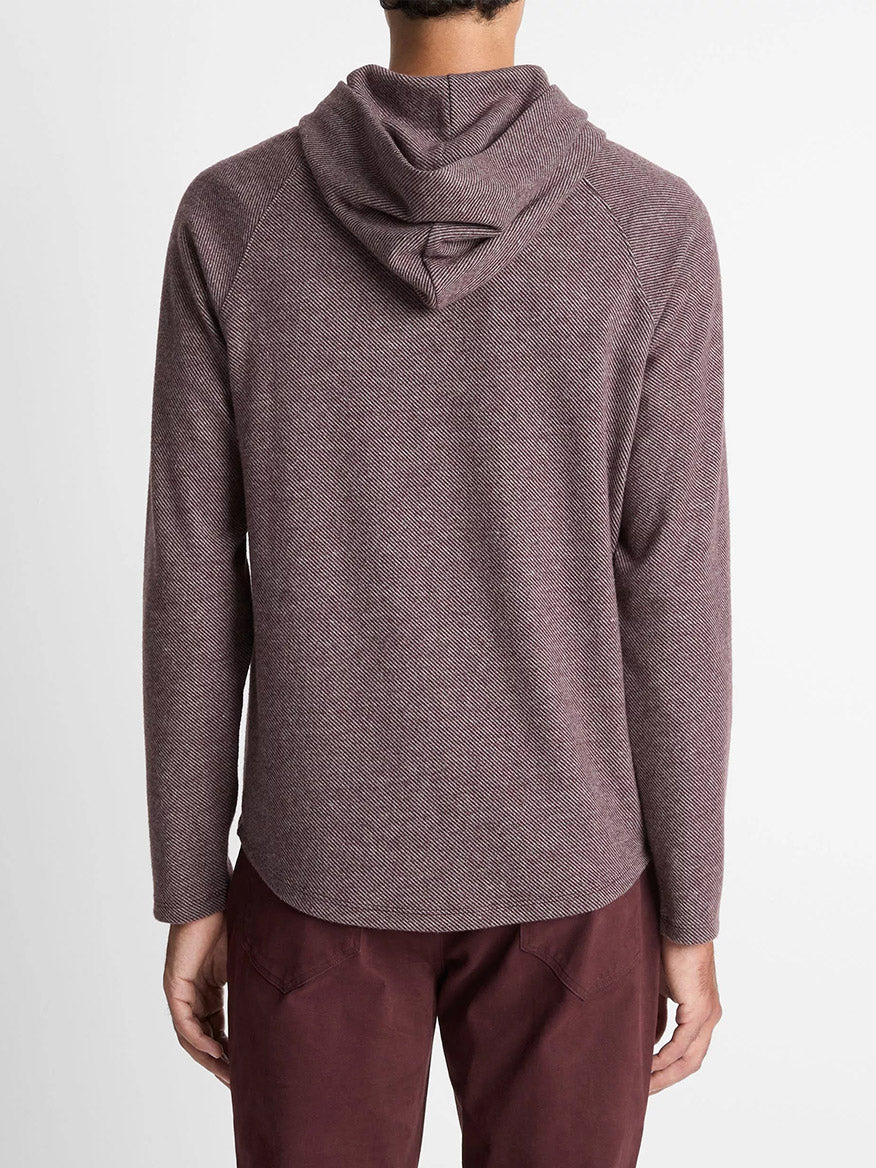 A person is seen from the back wearing the Vince Broken Twill Pullover Hoodie in Port/Heather Grey, made from a soft modal and cotton blend, set against a plain light background.
