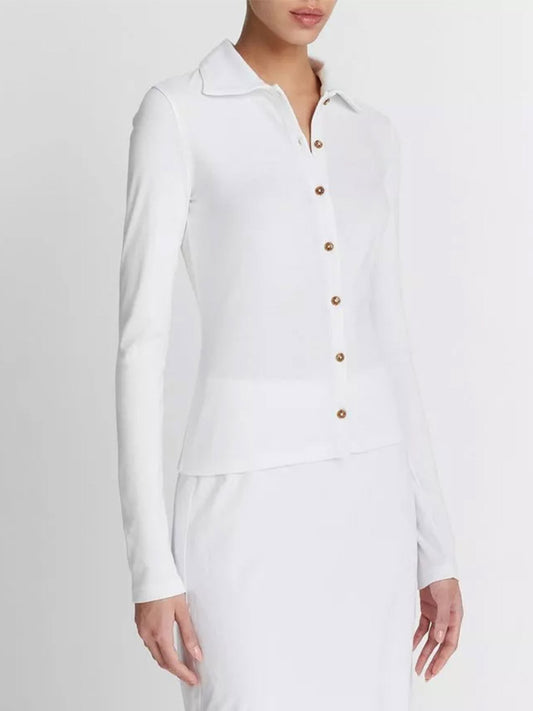 Woman wearing a Vince Long Sleeve Collared Button-Up Shirt in Optic White, made from pima cotton-modal jersey.