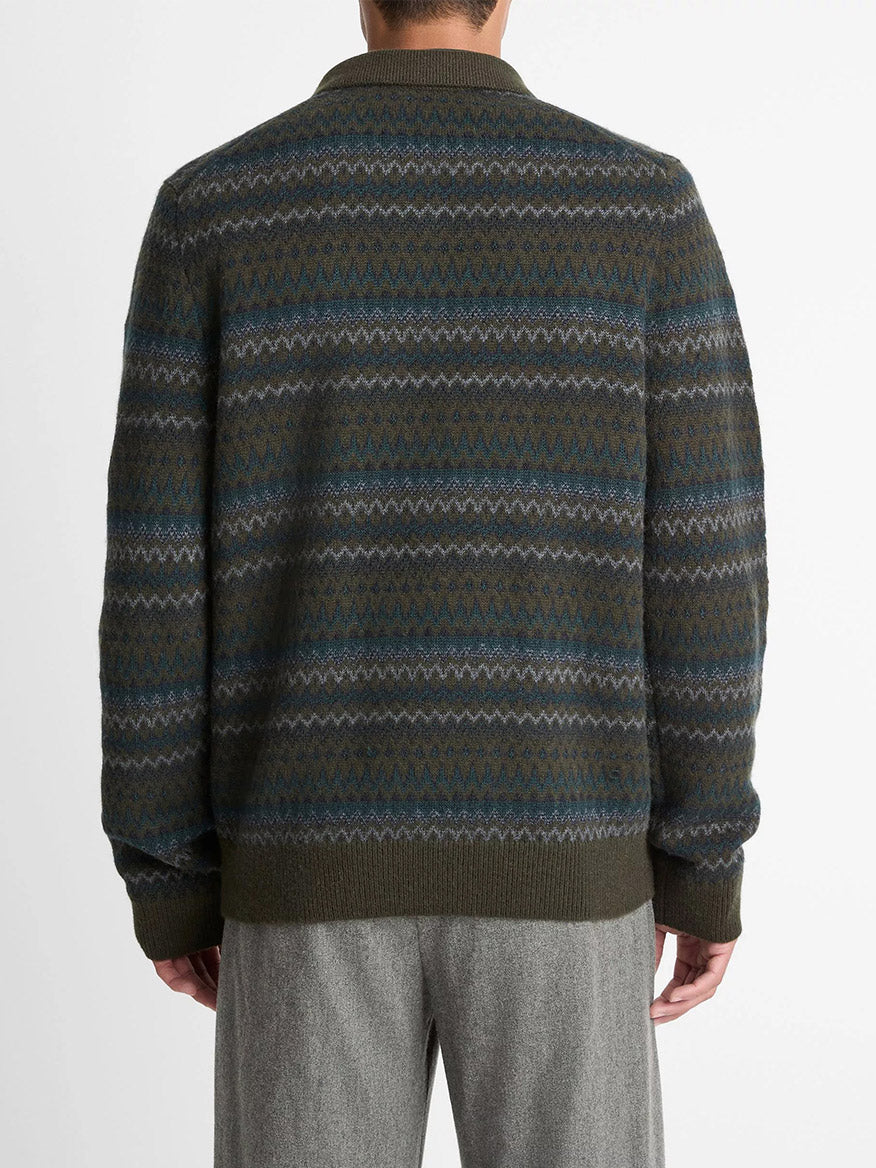 A person is seen from the back against a plain white background wearing gray trousers and the Vince Fair Isle Wool-Cashmere Johnny-Collar Sweater in Dark Leaf Combo.