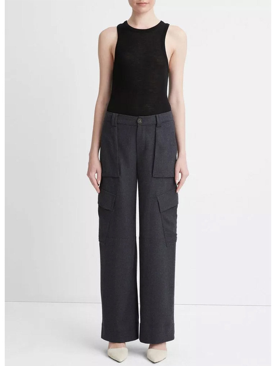 Vince Flannel Wide-Leg Cargo Pant in Heather Charcoal