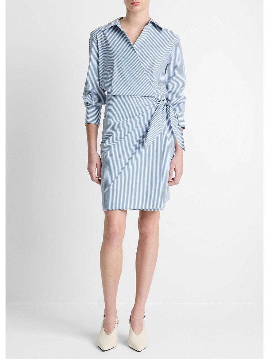 Vince Women's Furrow Stripe Wrap Dress - Blue Off White - Size XS Vince Women's Furrow Stripe Wrap Dress - Blue Off White - Size XS