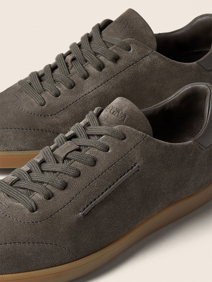 Close-up of Zegna 232 Suede Sneakers in Dark Taupe, featuring matching laces, detailed stitching, and gum rubber soles—expertly crafted in Italy.