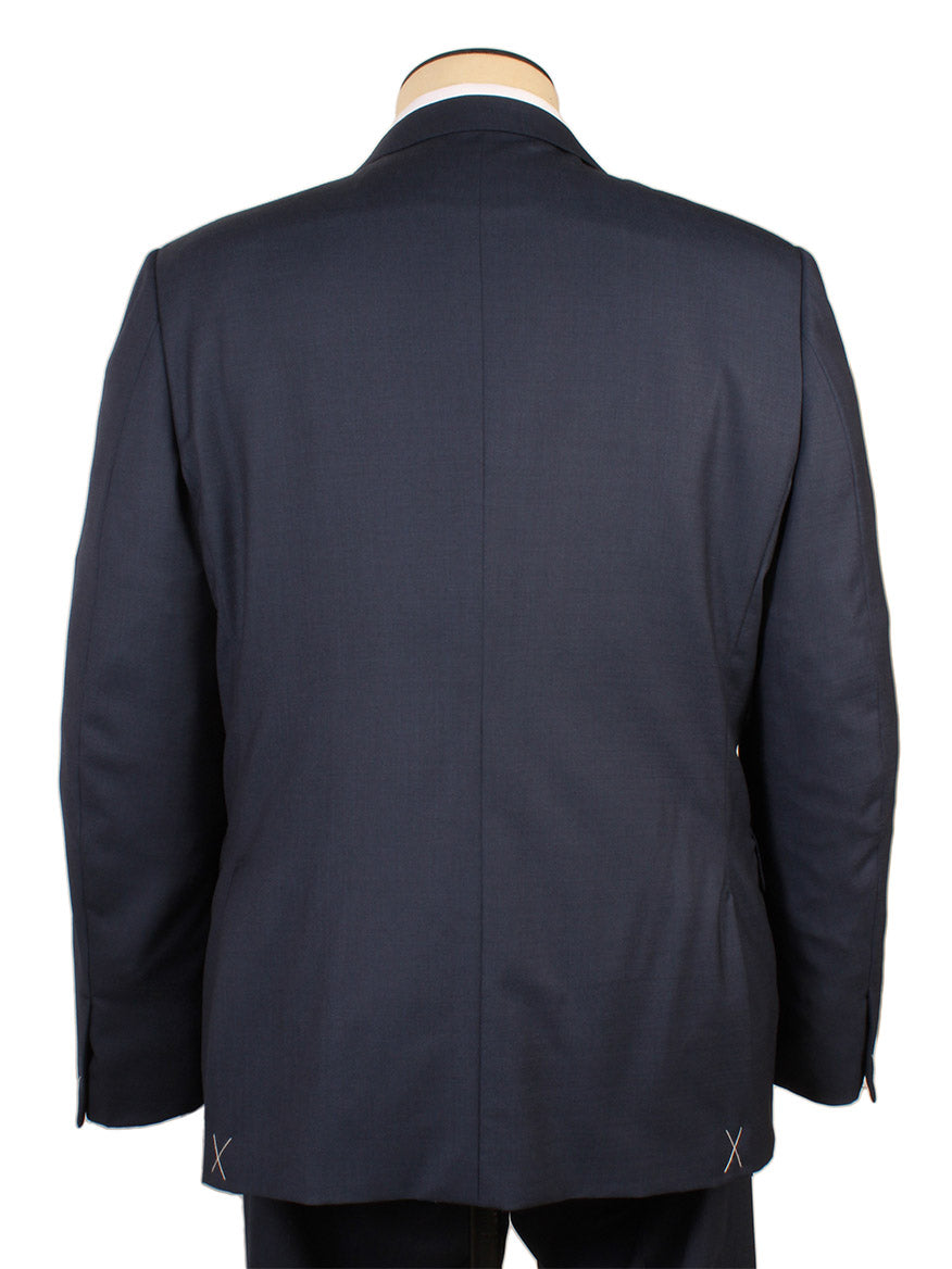 A mannequin displays the Zegna Dark Avio Blue Check Trofeo™ Wool Suit from the back, highlighting Italian craftsmanship and fine tailoring.