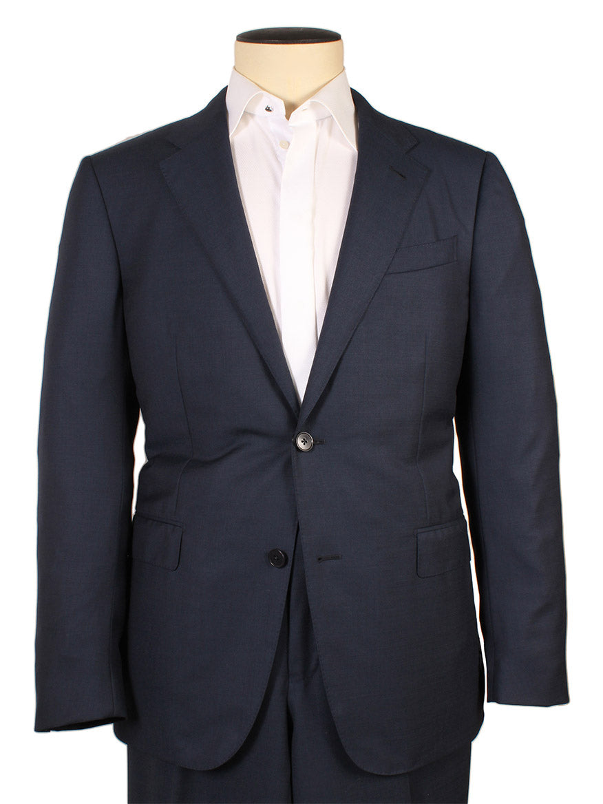 The Zegna Dark Avio Blue Check Trofeo™ Wool Suit, made in Italy, is shown on a mannequin with a white dress shirt. This elegant men's suit features a tailored jacket and matching trousers in premium wool fabric.