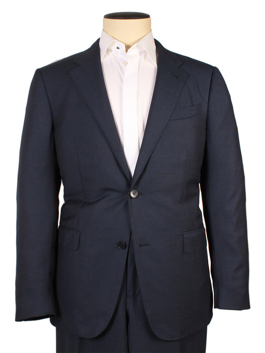 The Zegna Dark Avio Blue Check Trofeo™ Wool Suit, made in Italy, is shown on a mannequin with a white dress shirt. This elegant men's suit features a tailored jacket and matching trousers in premium wool fabric.
