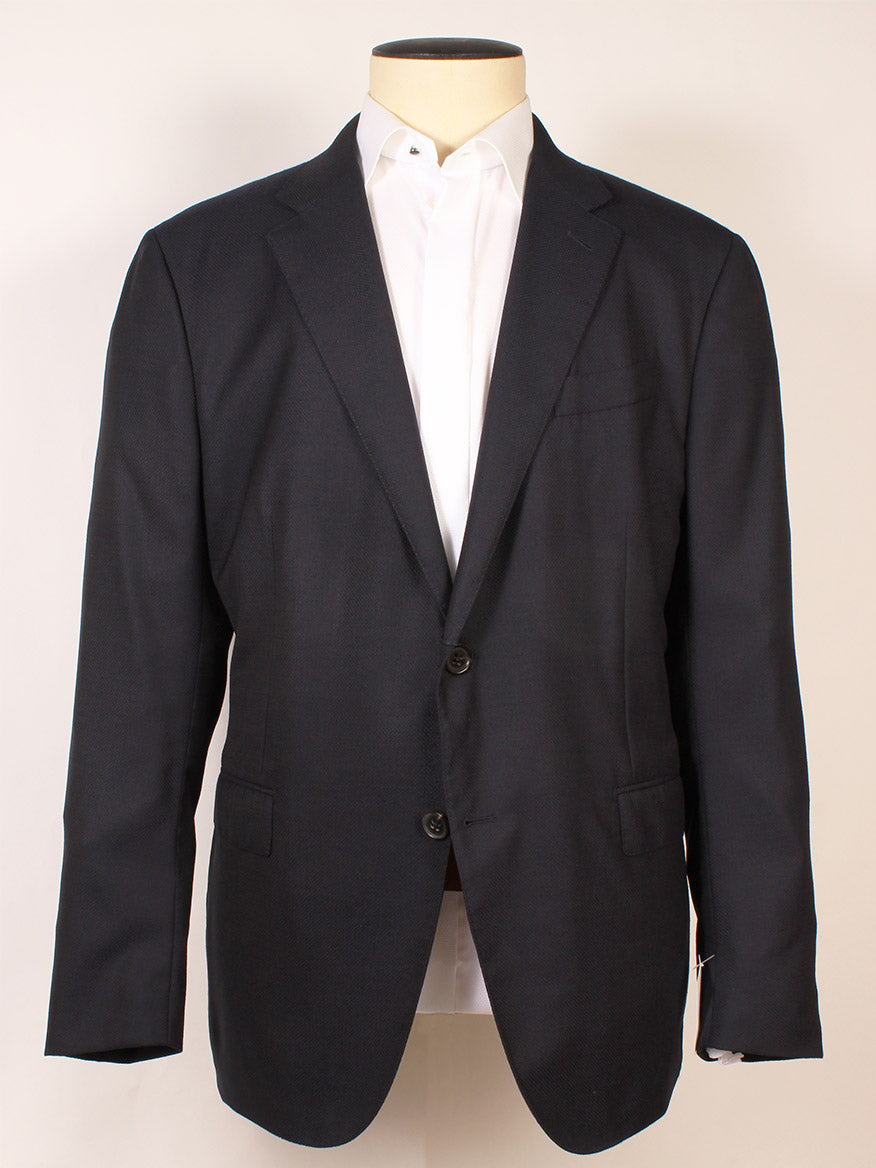 The Zegna Navy Trofeo Comfort Wool Blazer with notch lapels is showcased over a white dress shirt on a mannequin against a plain background.