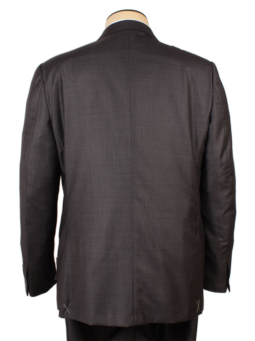 A mannequin displays the back of a Zegna TicWeave Charcoal Trofeo™ Wool Suit, made in Italy, highlighting visible stitching on the jacket vents.