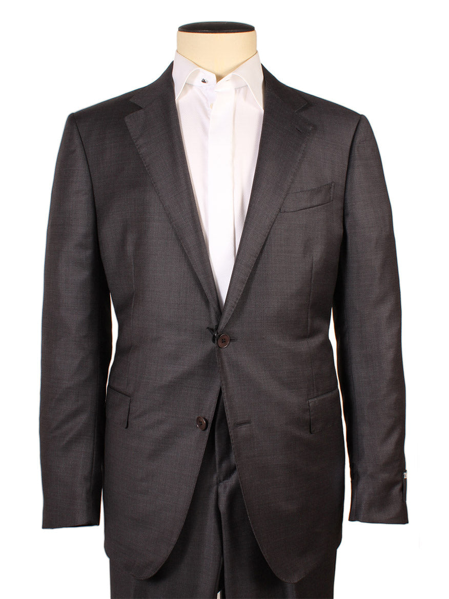 A mannequin dressed in a Zegna TicWeave Charcoal Trofeo™ Wool Suit with a white dress shirt, shown from the front against a plain background.