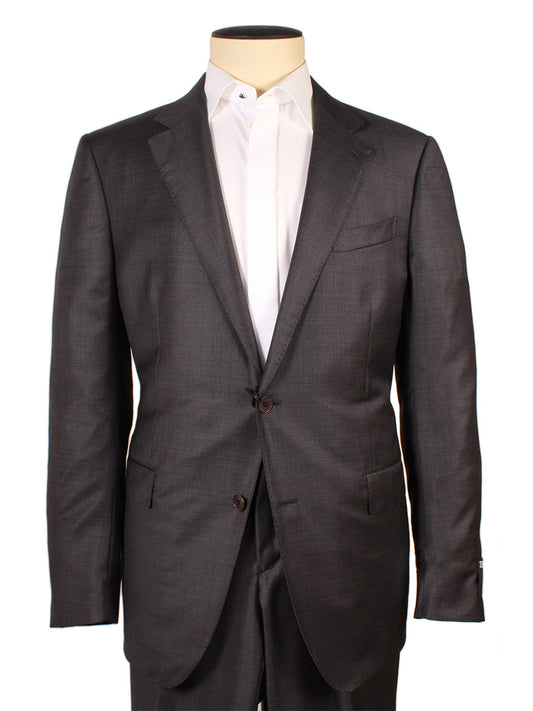A mannequin dressed in a Zegna TicWeave Charcoal Trofeo™ Wool Suit with a white dress shirt, shown from the front against a plain background.