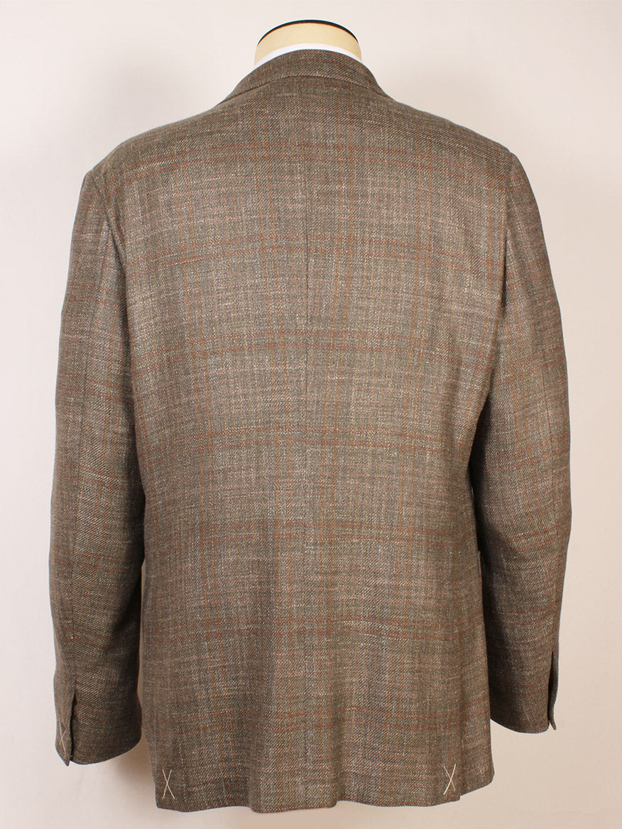 Back view of the Zegna Fairway Winter Crossover Sport Jacket in hunter green plaid, featuring long sleeves and displayed on a mannequin against a plain background. Made in Italy for refined style.