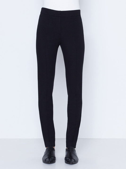 Akris Punto Mara Stretch Jersey Pants in Black on a white background with black shoes and front zip closure.