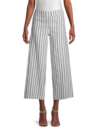 A person wearing Avenue Montaigne Alex Ankle Crop Pant in Coastal Stripe and strappy sandals.