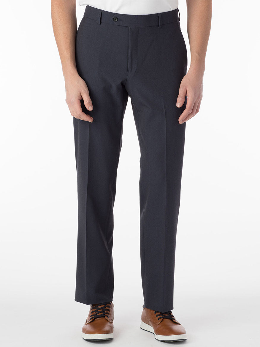 A man wearing Ballin Connor Comfort 'EZE' Modern Flat Front Pant in Blue Mix, lightweight and breathable dress slacks.