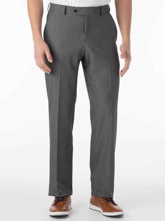 A man wearing the Ballin Connor Comfort 'EZE' Modern Flat Front Pant in Mid Grey and a breathable white shirt.