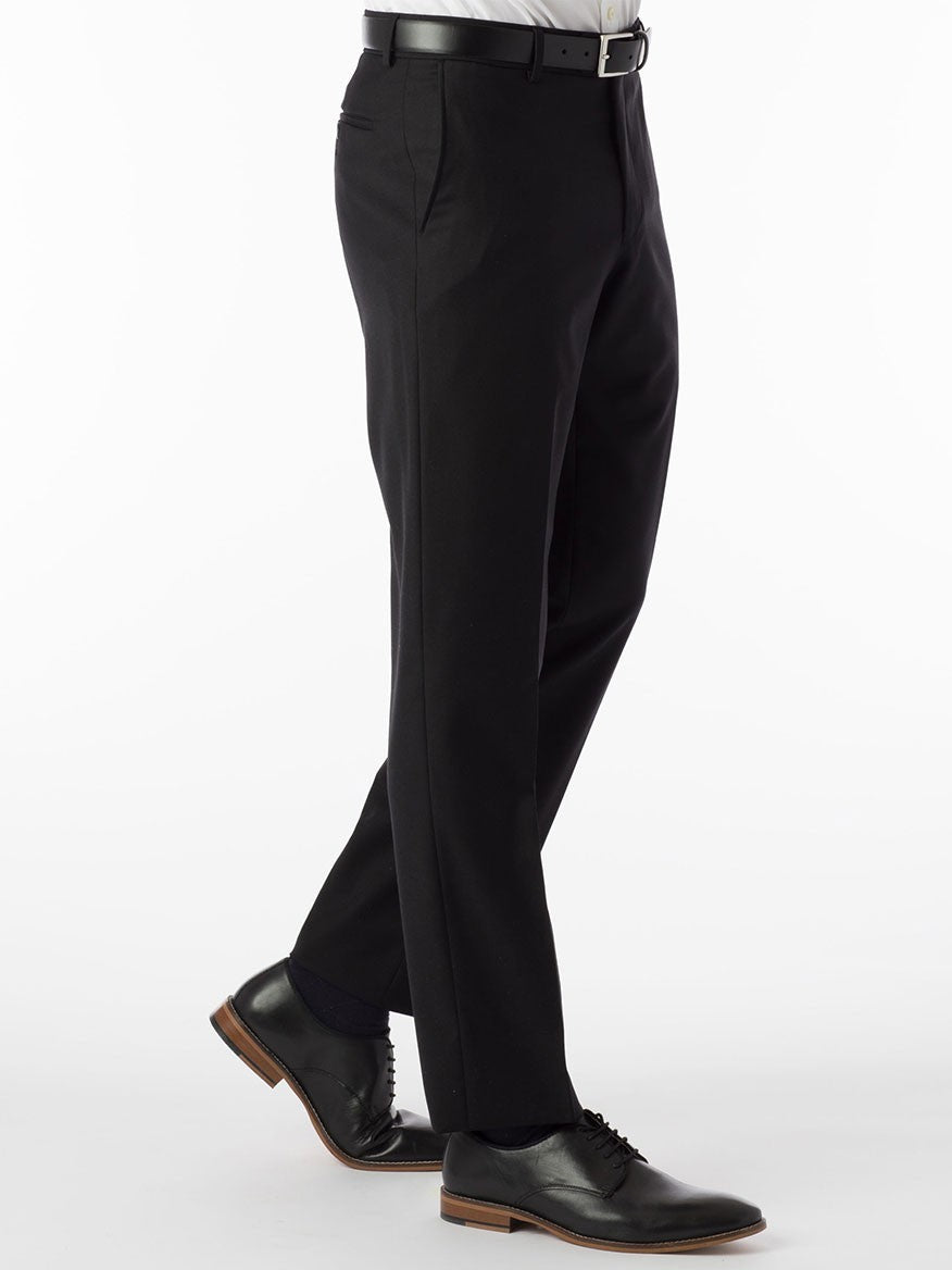 A man wearing Ballin Soho Comfort 'EZE' Super 120s Modern Flat Front Pant in Black dress pants and a white shirt.