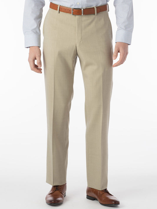 A man wearing a tan suit made of Super 120's fabric and a tan shirt with Nanotex technology for maximum comfort "Ballin Soho Comfort 'EZE' Super 120s Modern Flat Front Twill Pant in Khaki".